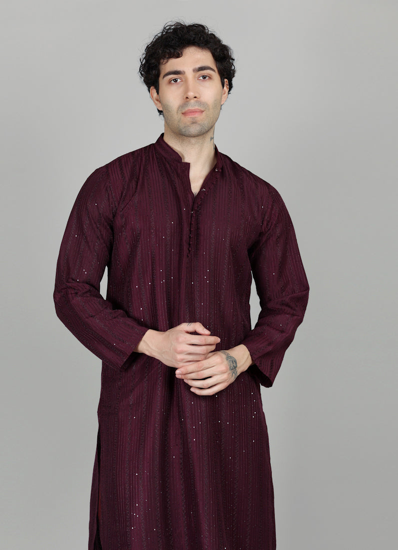 Men's Purple Sequin Embroidered Kurta Payjama Set