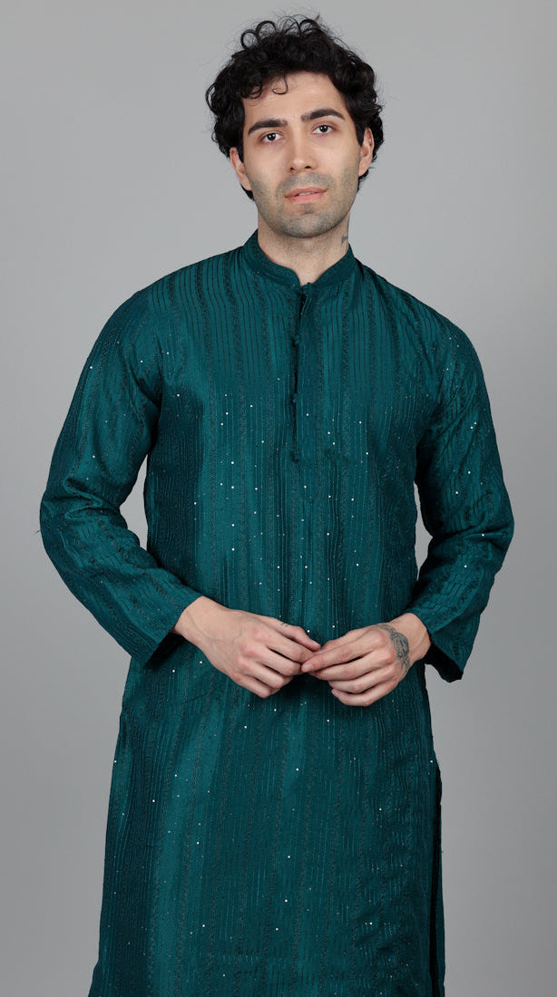Men's Jade Blue Sequin Embroidered Kurta Pajama Set