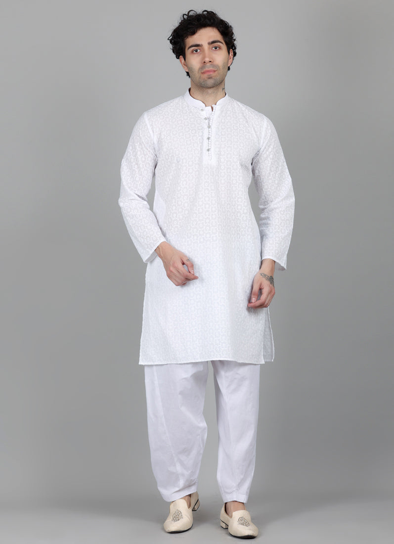 Men's White Chikankari Kurta Salwar Set