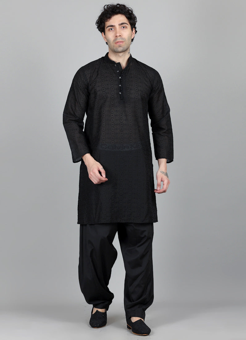 Men's Black Chikankari Kurta Salwar Set