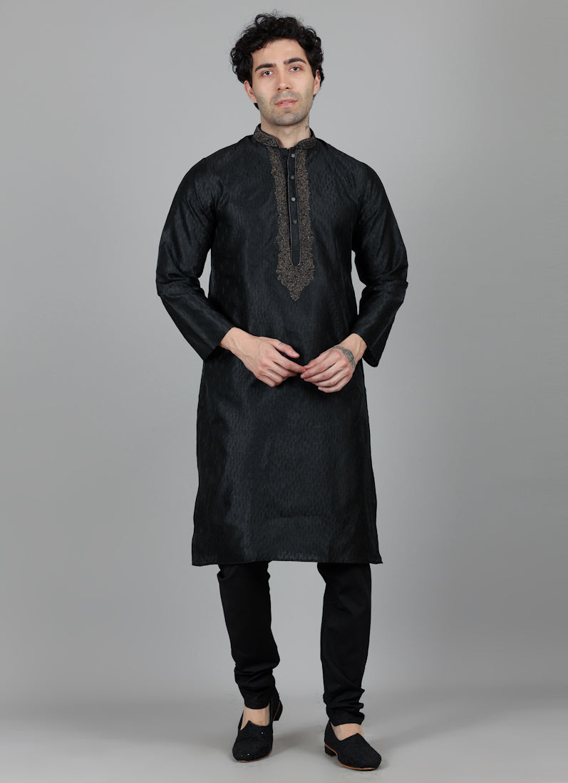 Men's Black Jaquard Embroidered Payjama Set