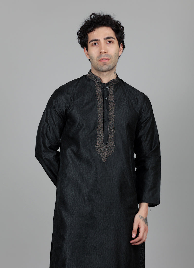 Men's Black Jaquard Embroidered Payjama Set