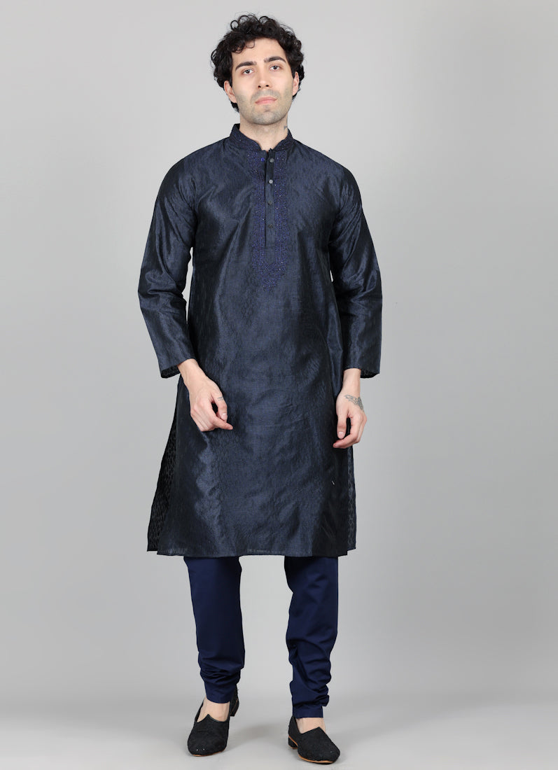 Men's Navy Blue Jacquard Embroidered Payjama Set