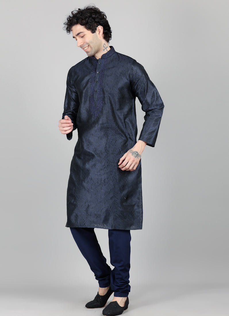 Men's Navy Blue Jacquard Embroidered Payjama Set