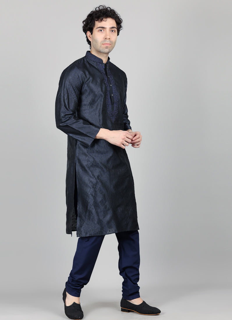 Men's Navy Blue Jacquard Embroidered Payjama Set