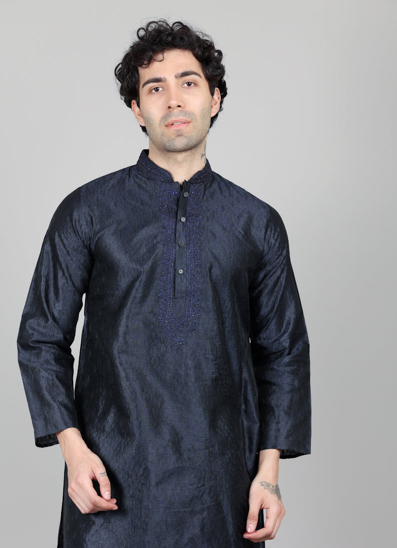 Men's Navy Blue Jacquard Embroidered Payjama Set