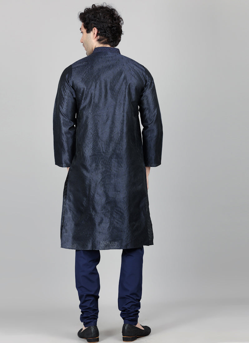 Men's Navy Blue Jacquard Embroidered Payjama Set