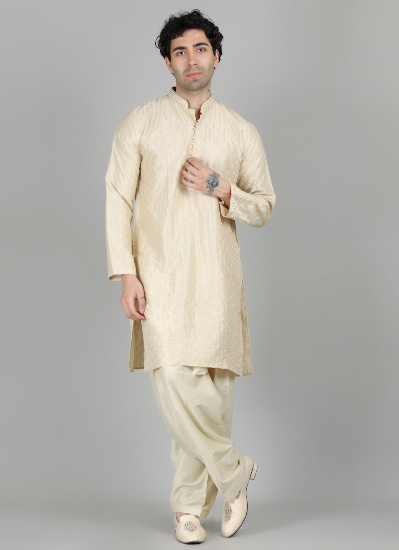 Men's Oyster Cream Sequin Embroidered Kurta Salwar Set