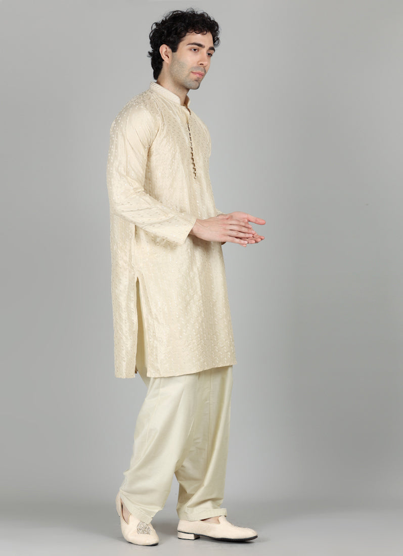 Men's Oyster Cream Sequin Embroidered Kurta Salwar Set