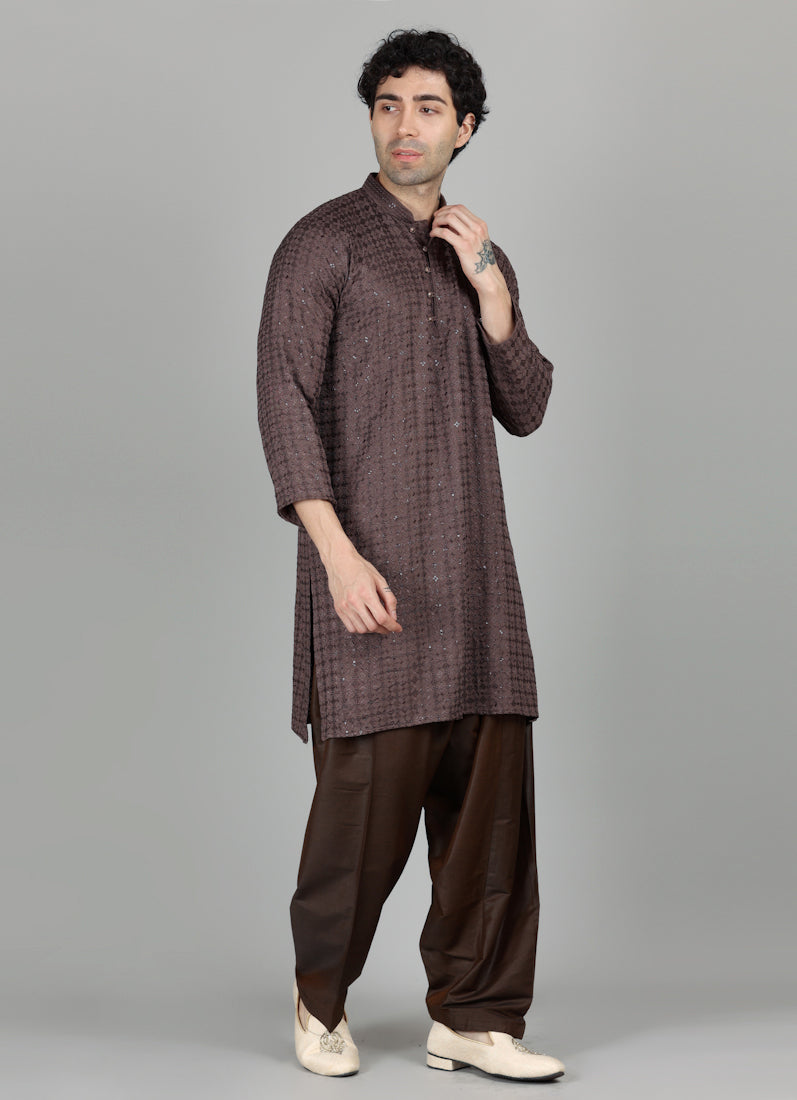 Men's Brown Chikankari Kurta Salwar Set