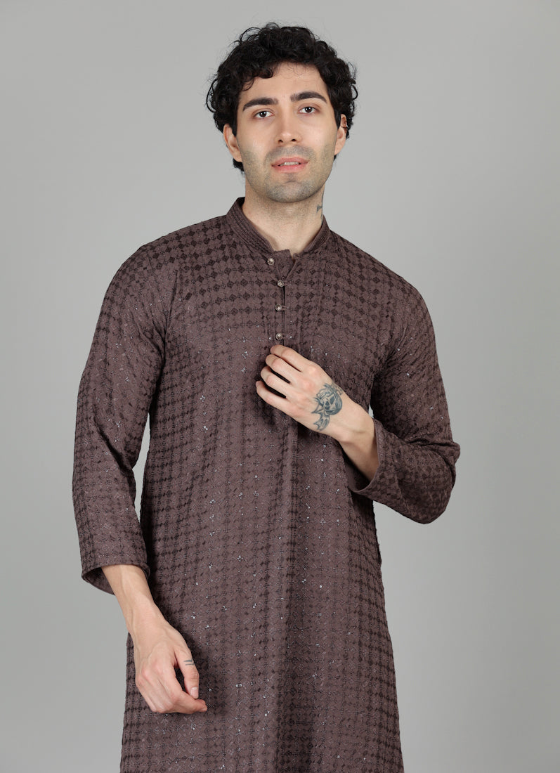 Men's Brown Chikankari Kurta Salwar Set