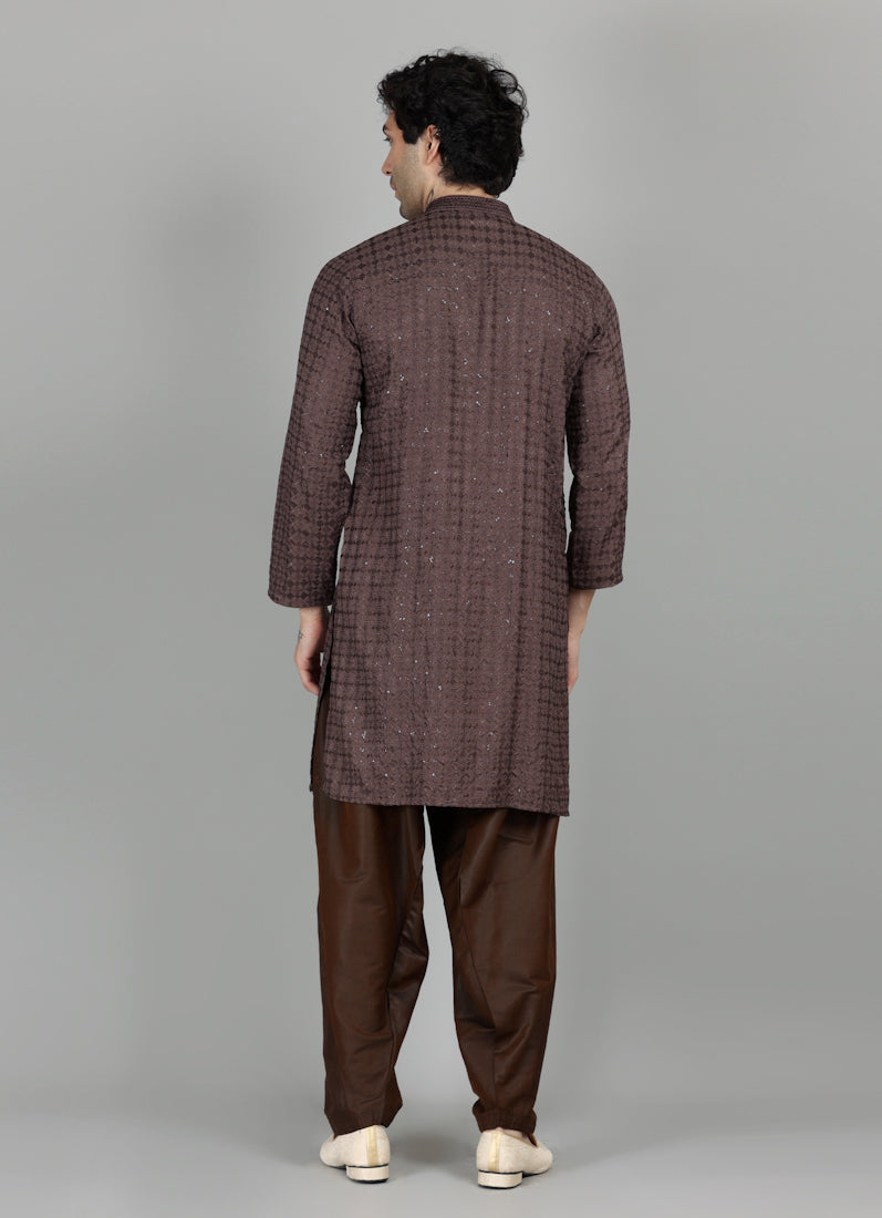 Men's Brown Chikankari Kurta Salwar Set