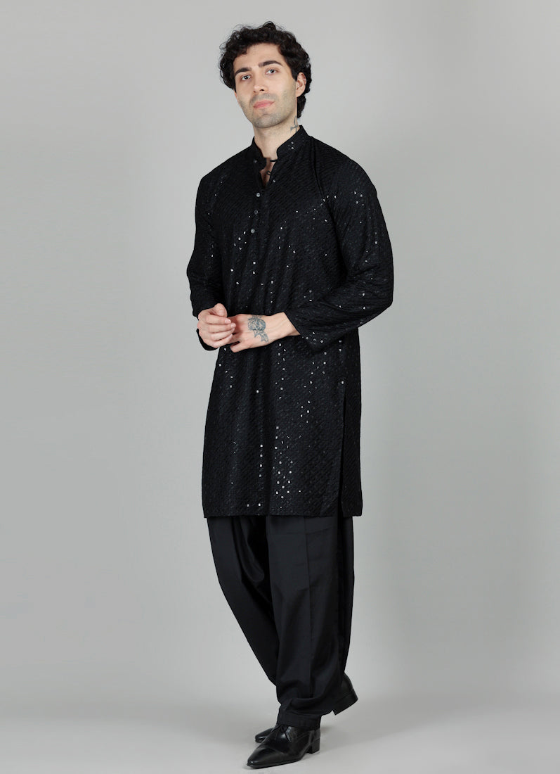 Men's Black Chikankari Sequin Embellished Salwar Set