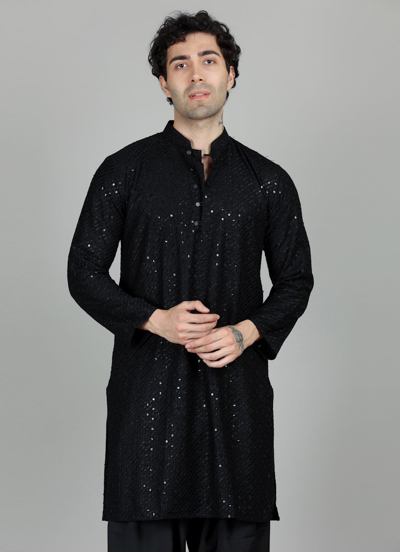 Men's Black Chikankari Sequin Embellished Salwar Set