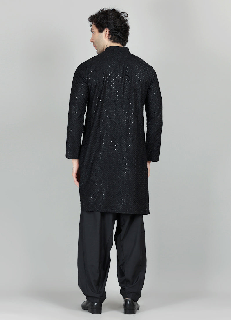 Men's Black Chikankari Sequin Embellished Salwar Set