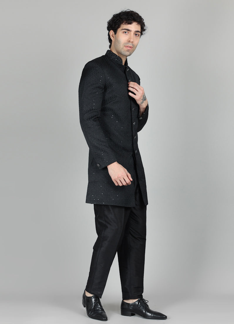 Men's Black Brocade Embroidered Semi Sherwani