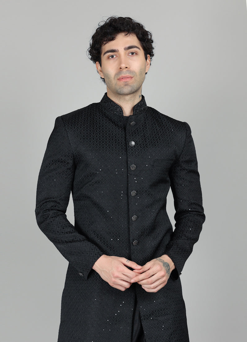 Men's Black Brocade Embroidered Semi Sherwani