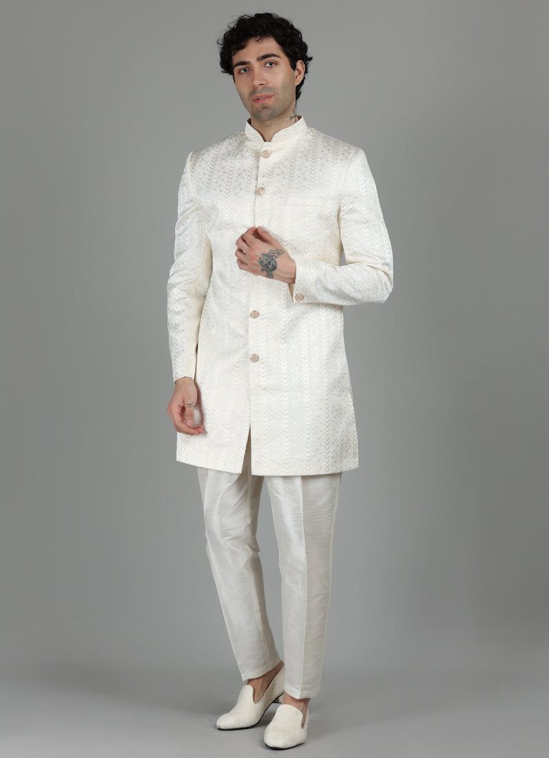 Men's Cream Brocade Semi Sherwani With Kurta