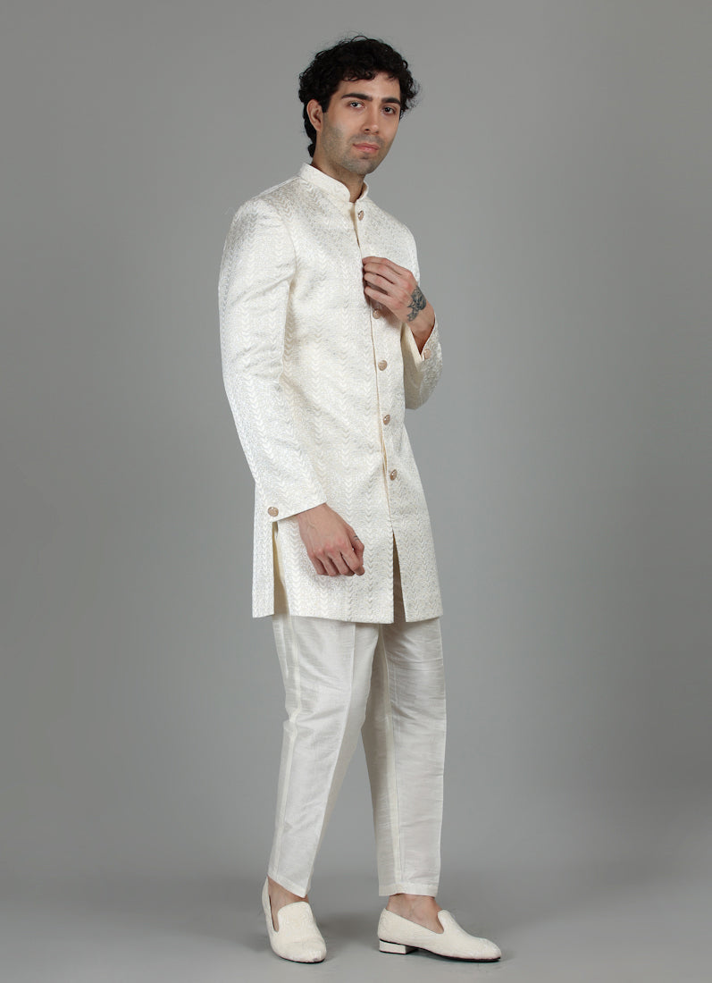 Men's Cream Brocade Semi Sherwani With Kurta