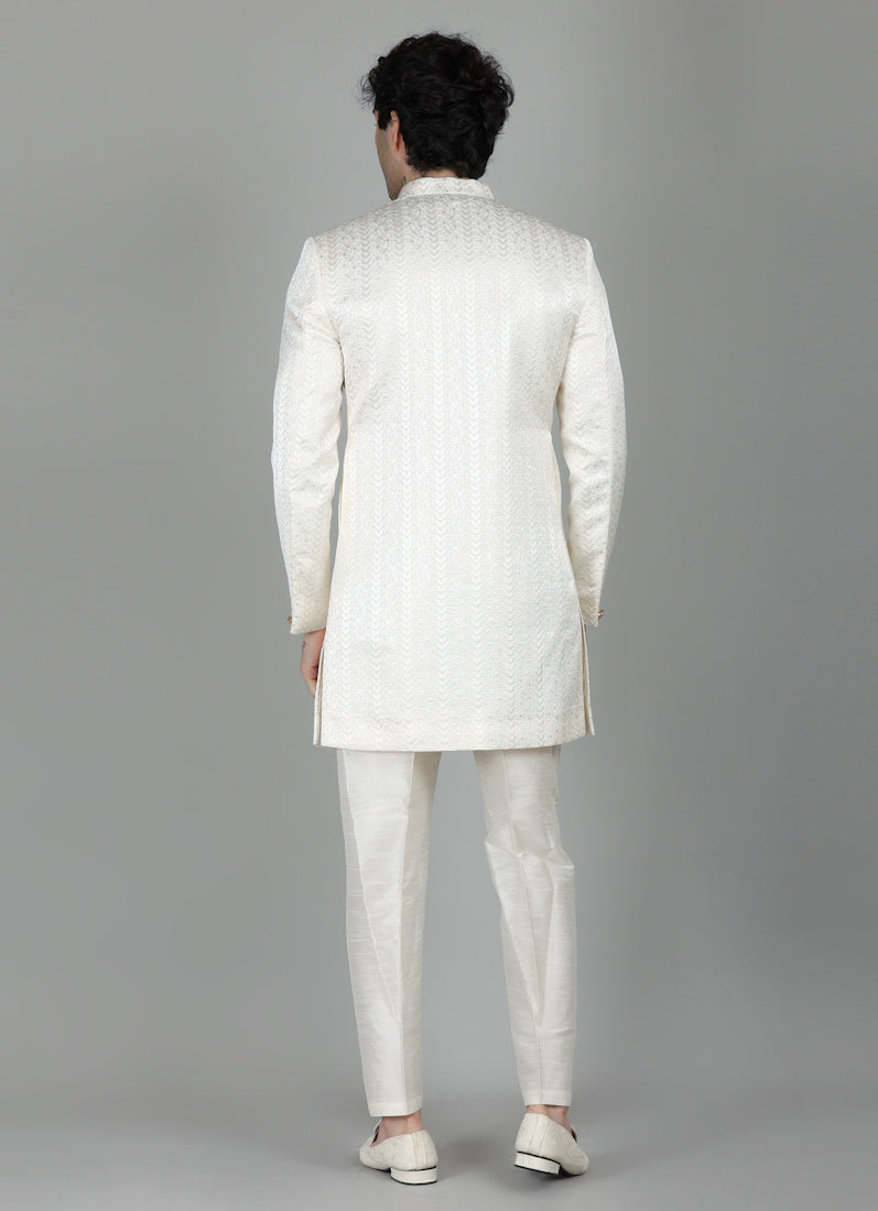 Men's Cream Brocade Semi Sherwani With Kurta