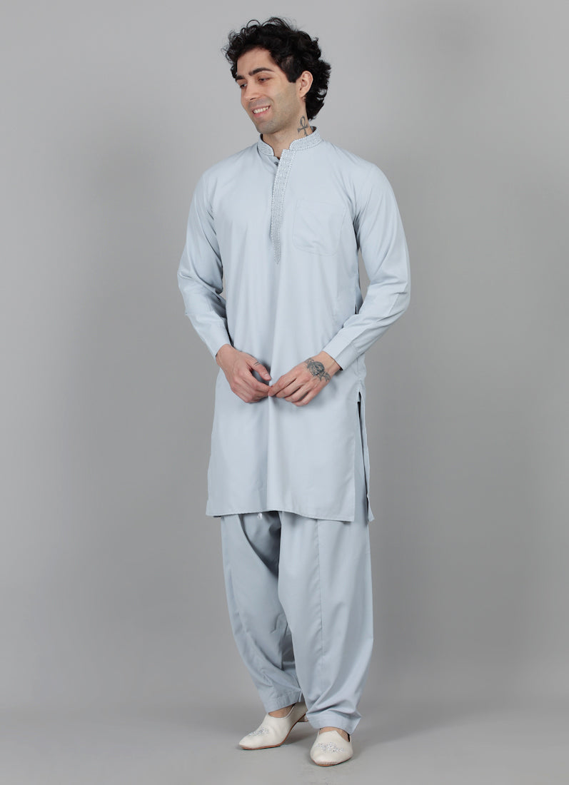 Men's Grey Thread Embroidered Salwar Set