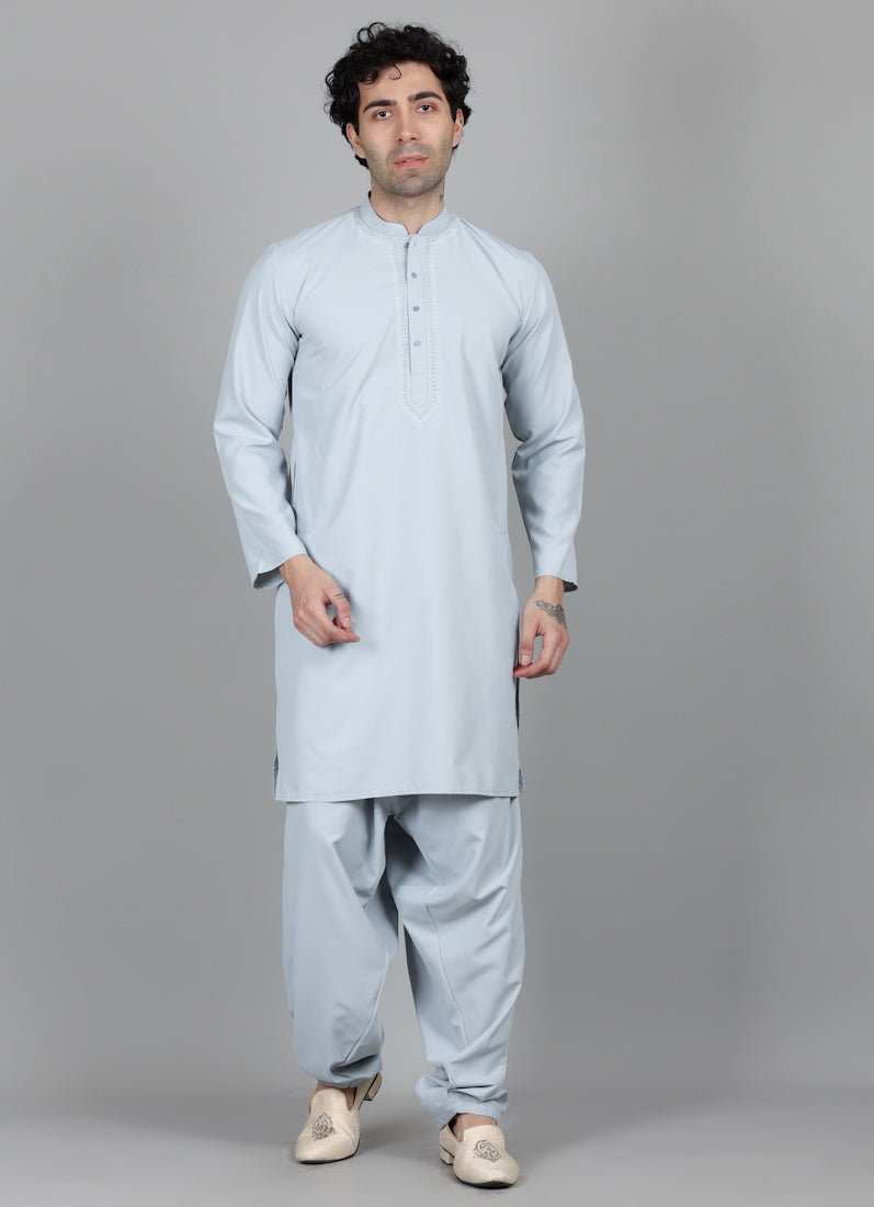 Men's Light Grey Thread Embroidered Salwar Set