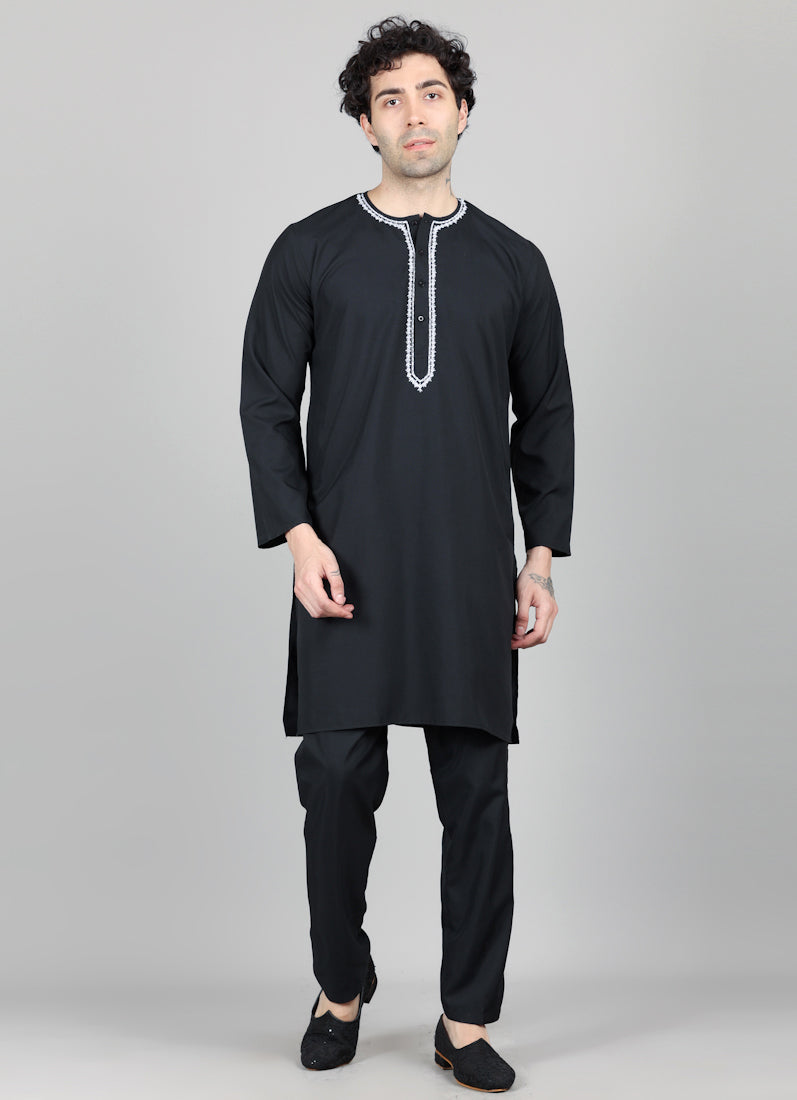 Men's Black Round Neck Embroidered Kurta Payjama Set