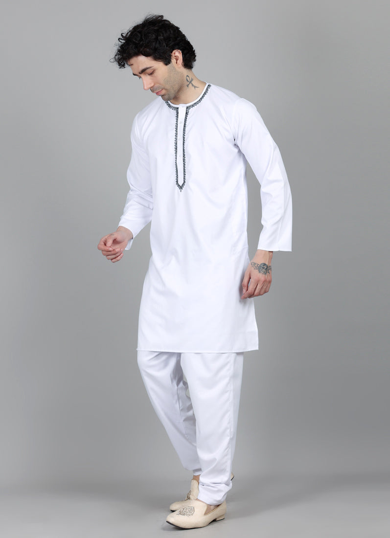 Men's White Round Neck Embroidered Kurta Payjama Set