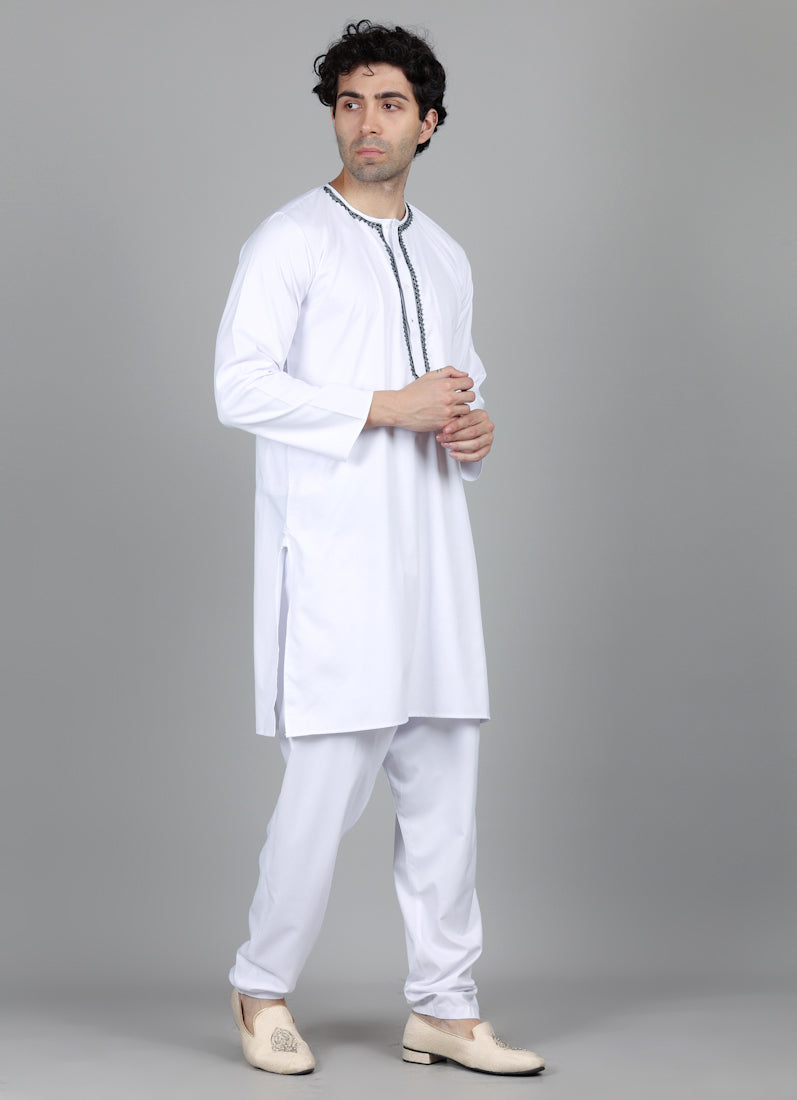 Men's White Round Neck Embroidered Kurta Payjama Set