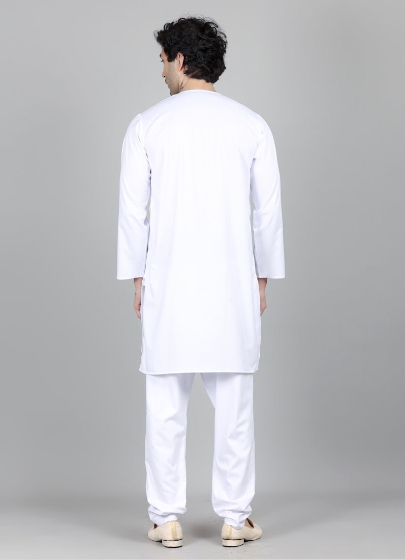Men's White Round Neck Embroidered Kurta Payjama Set