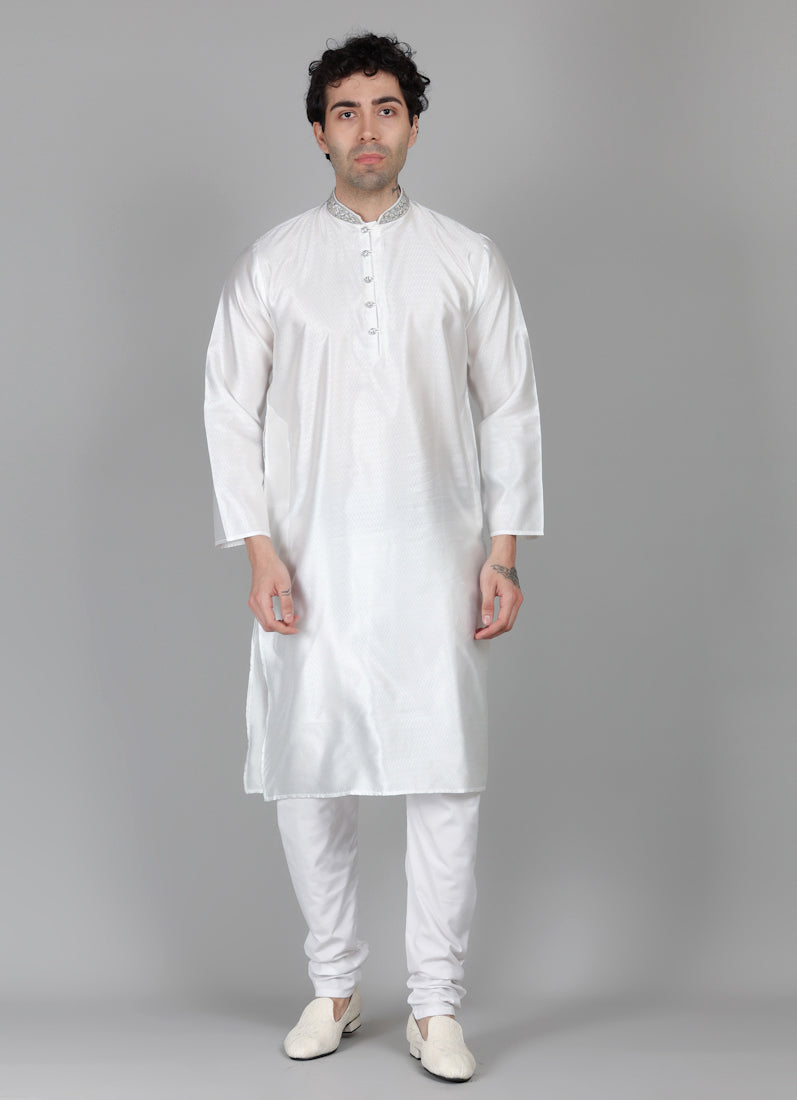 Men's White Jacquard Zari Embroidered Payjama Set
