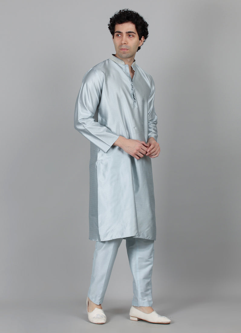 Men's Light Blue Jacquard Dori Embroidered Payjama Set