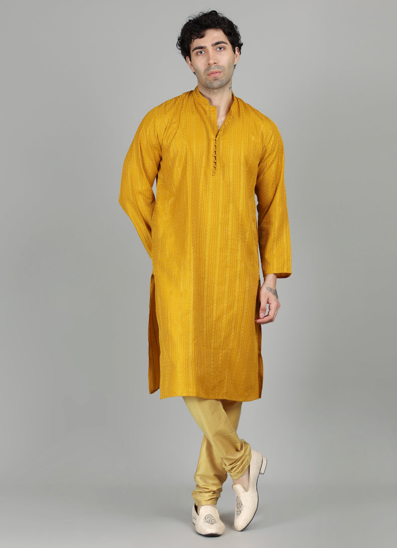 Men's Mustard Yellow Sequin Embroidered Payjama Set