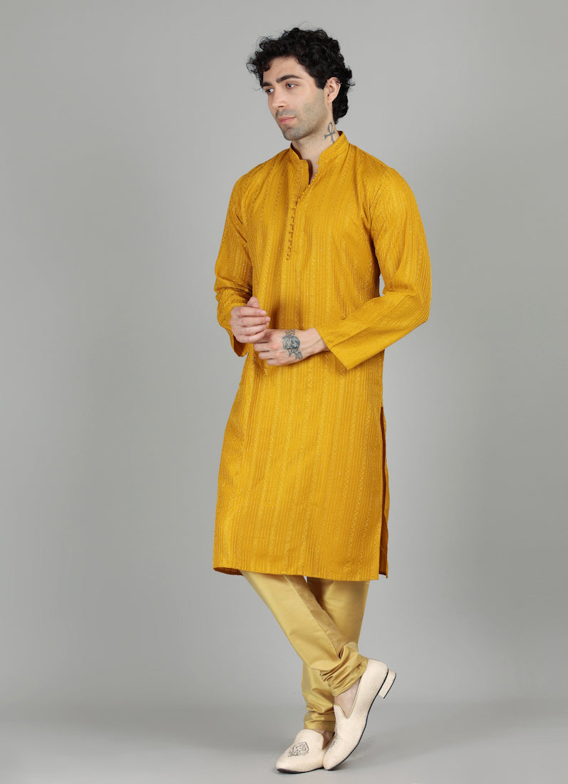 Men's Mustard Yellow Sequin Embroidered Payjama Set