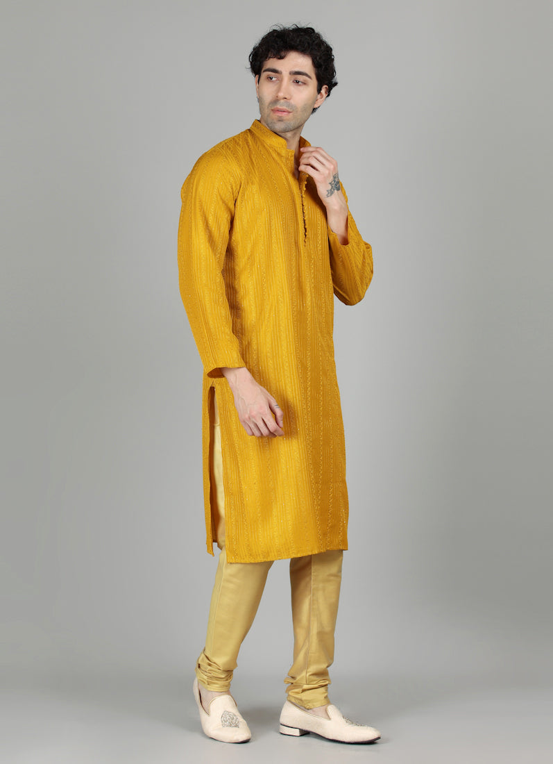 Men's Mustard Yellow Sequin Embroidered Payjama Set