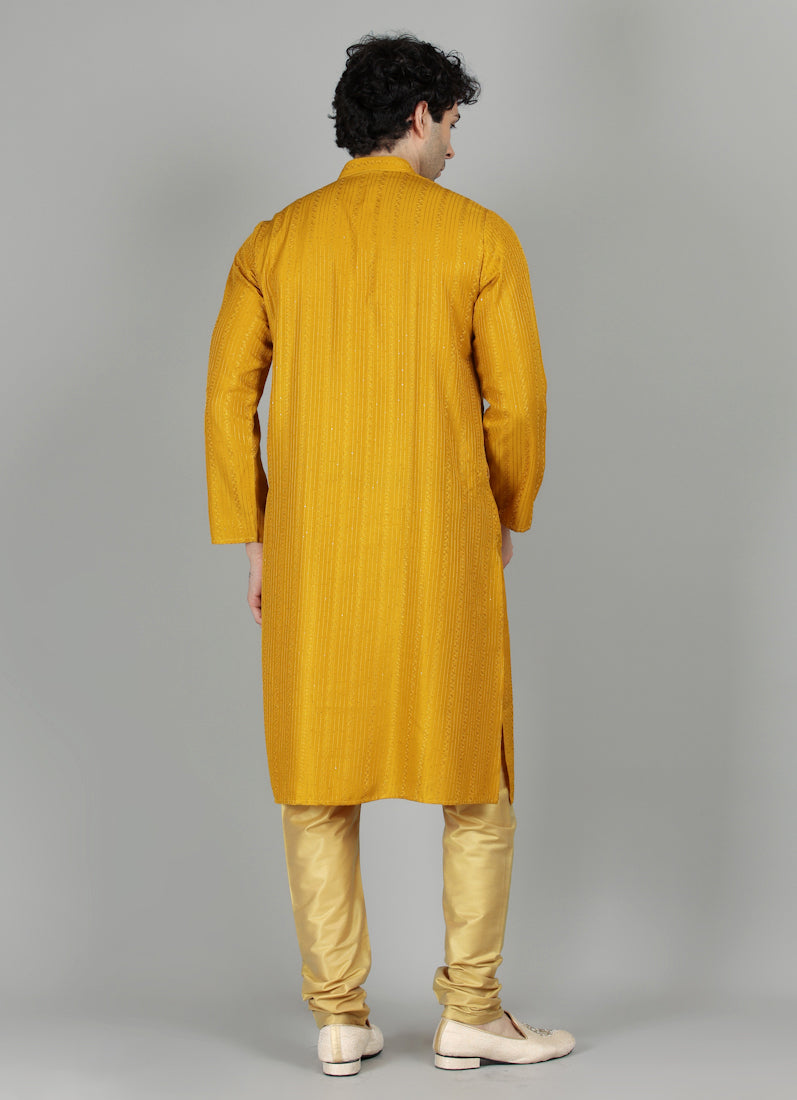 Men's Mustard Yellow Sequin Embroidered Payjama Set