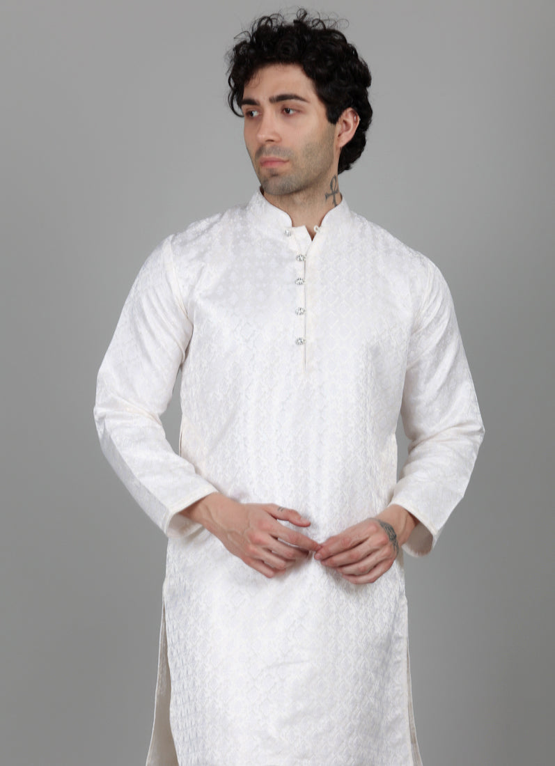 Men's White Brocade Salwar Set