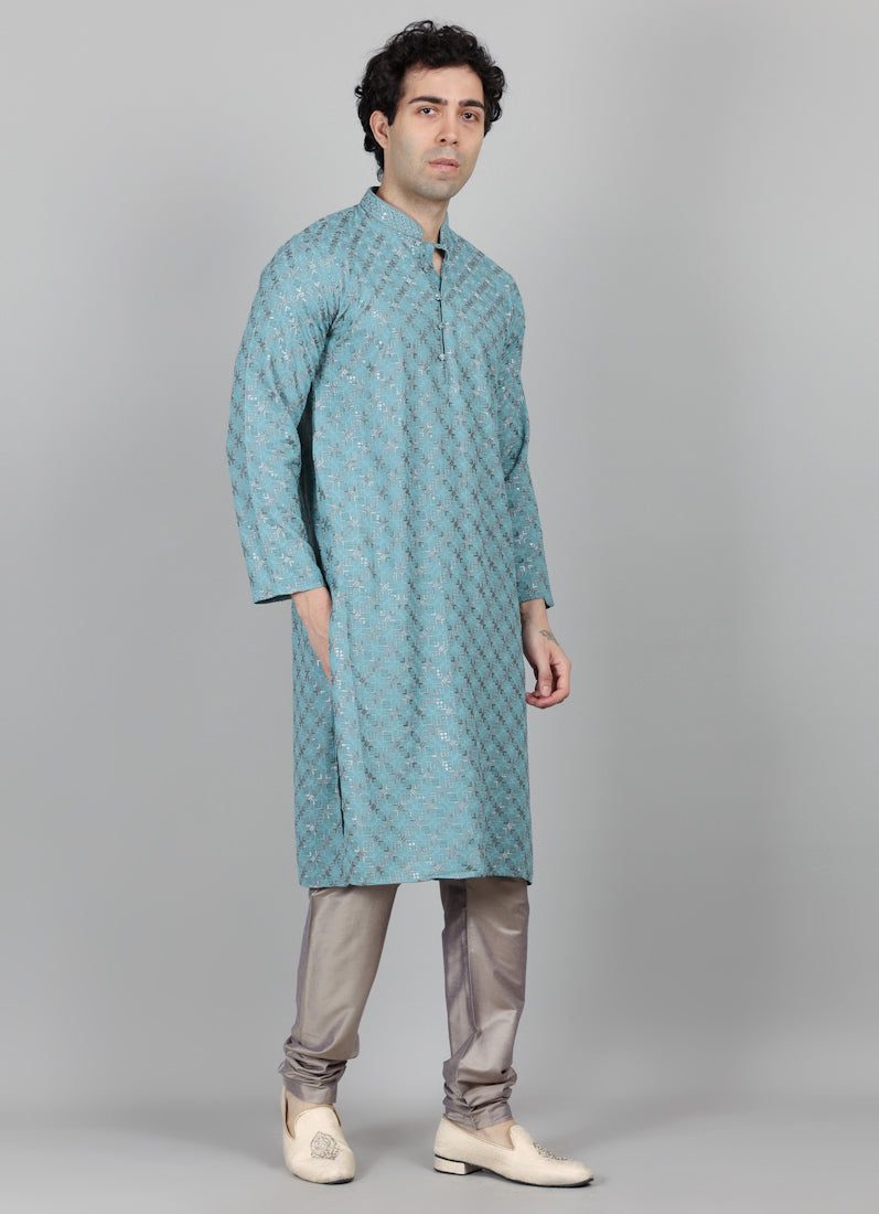 Men's Blue Chikankari Kurta Payjama Set