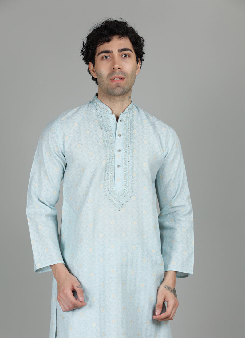 Men's Sky Blue Thread Embroidered Payjama Set