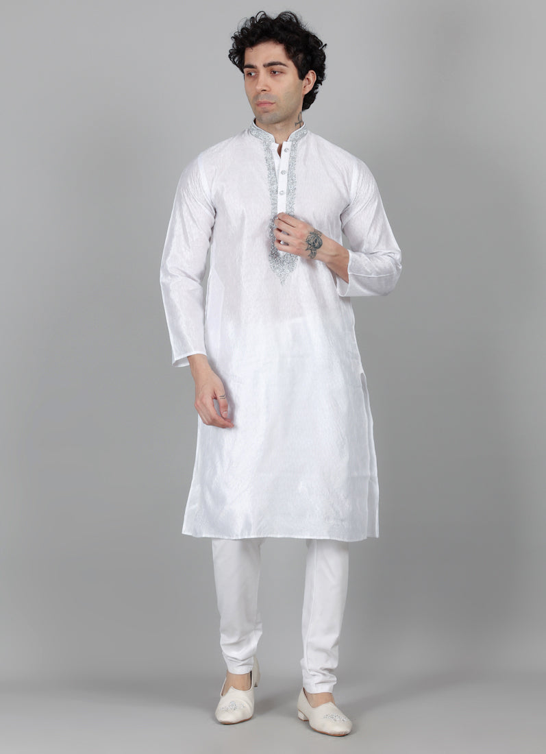 Men's Cream Jacquard Embroidered Payjama Set
