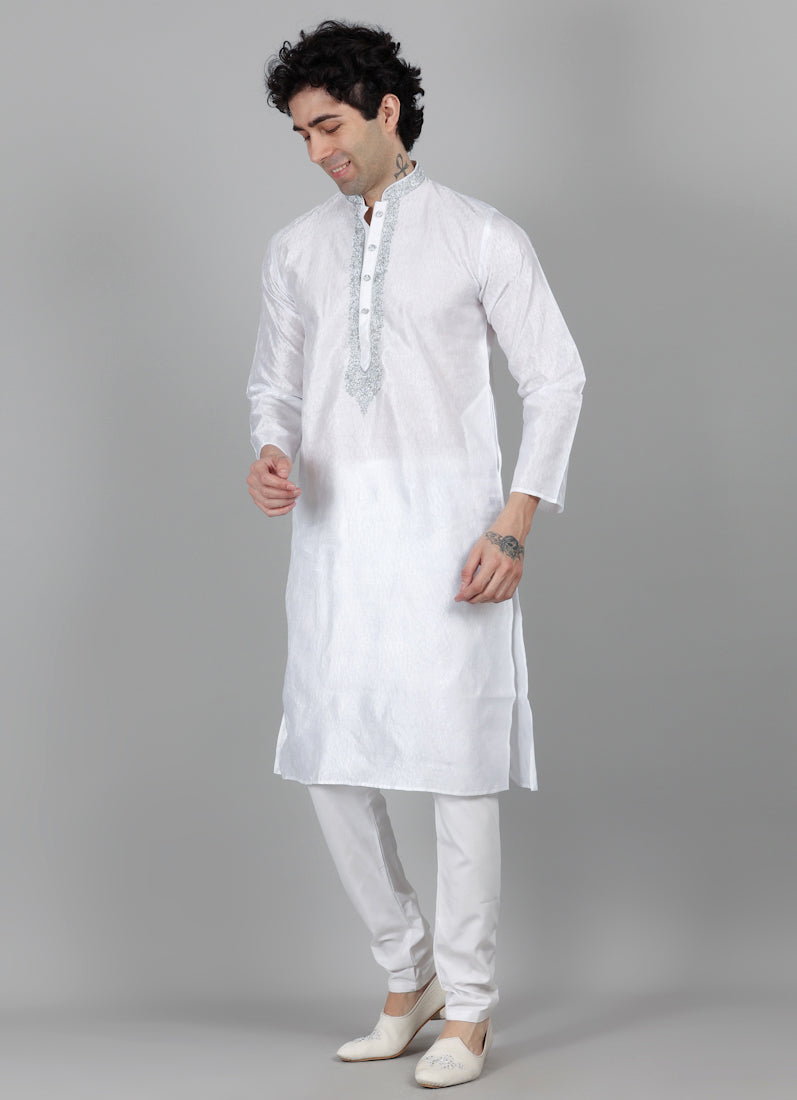 Men's Cream Jacquard Embroidered Payjama Set