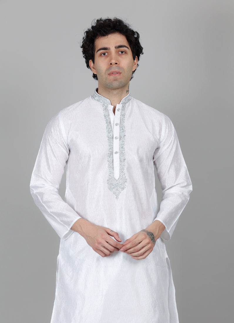 Men's Cream Jacquard Embroidered Payjama Set