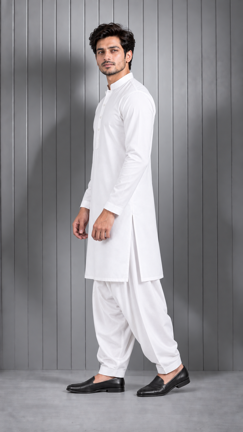 Men's White Plain Kurta Salwar Set with Band Collar & Side Pockets