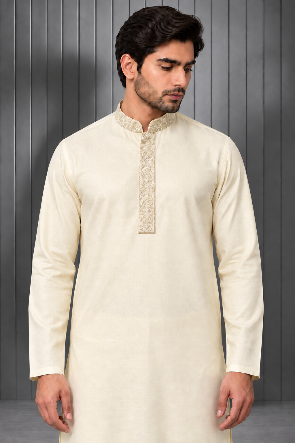 Men's Light Lemon Embroidered Kurta Salwar Set with Threadwork & Band Collar