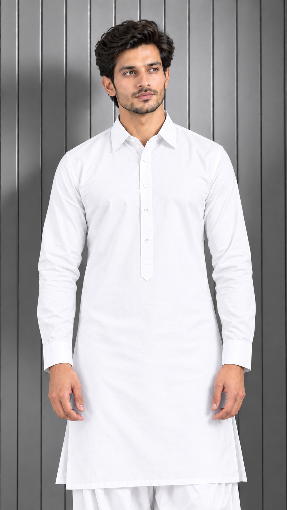 Men's White Plain Kurta Salwar Set with Spread Collar & Side Pockets