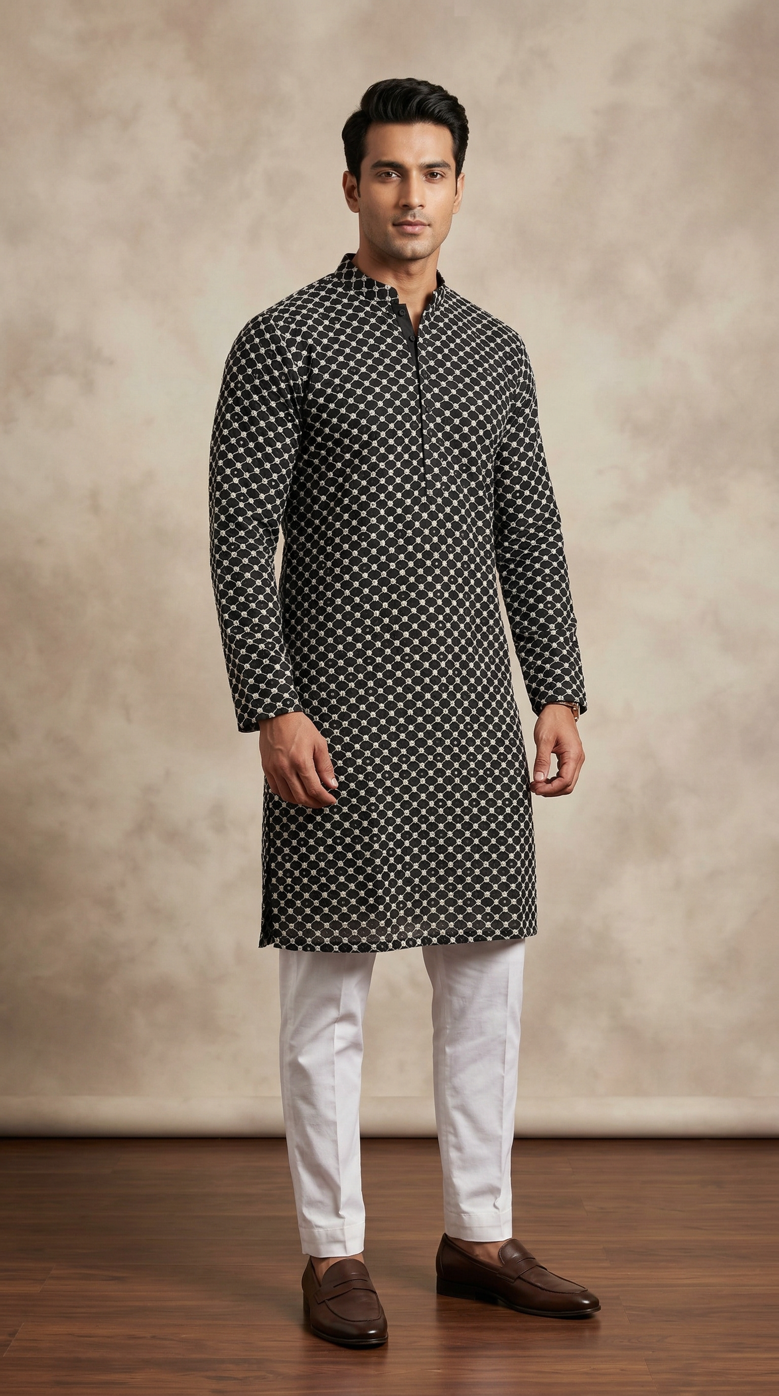 Men’s Black Embroidered Kurta with White Threadwork