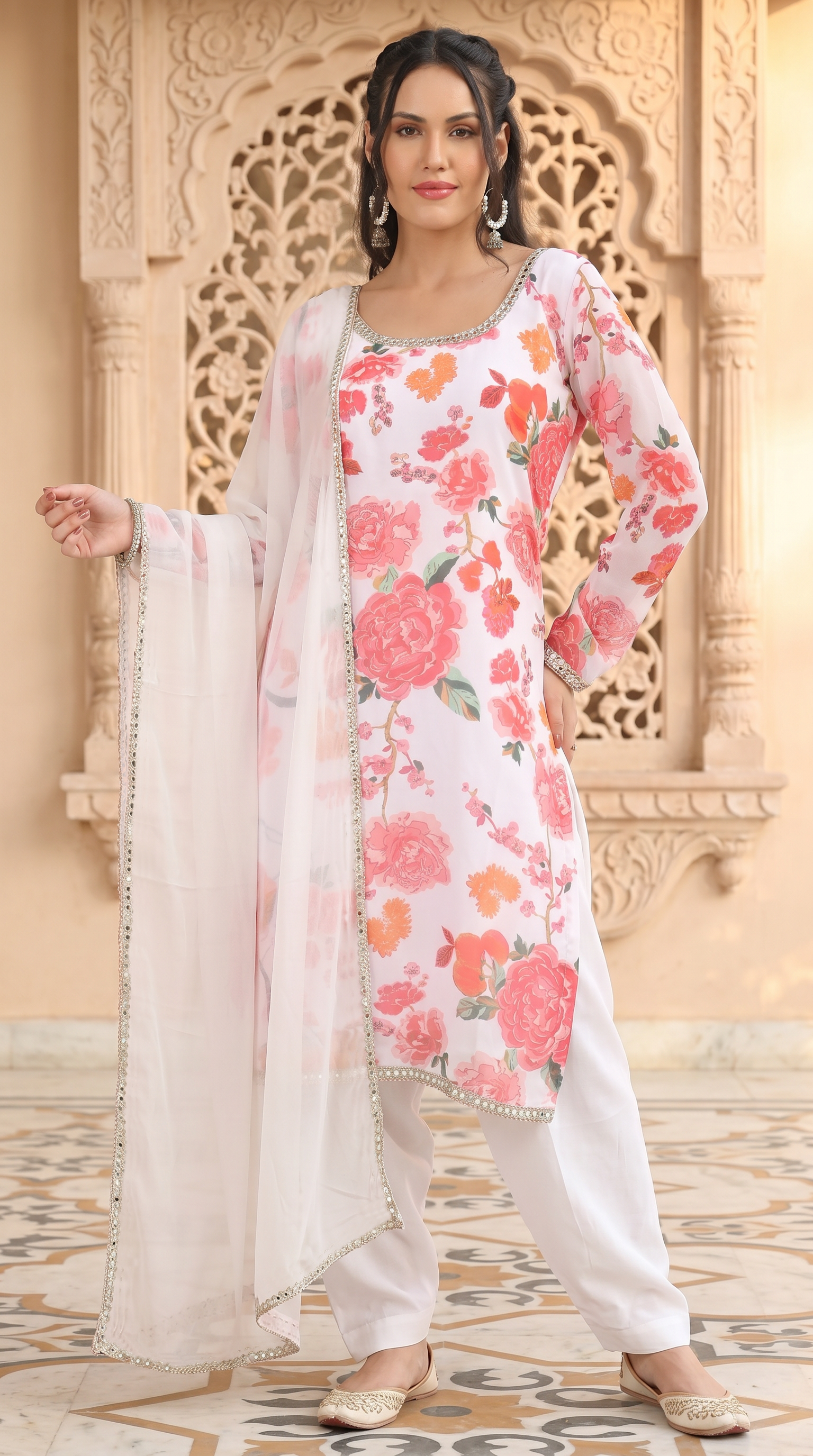 White & Pink Georgette Embroidered Suit Set