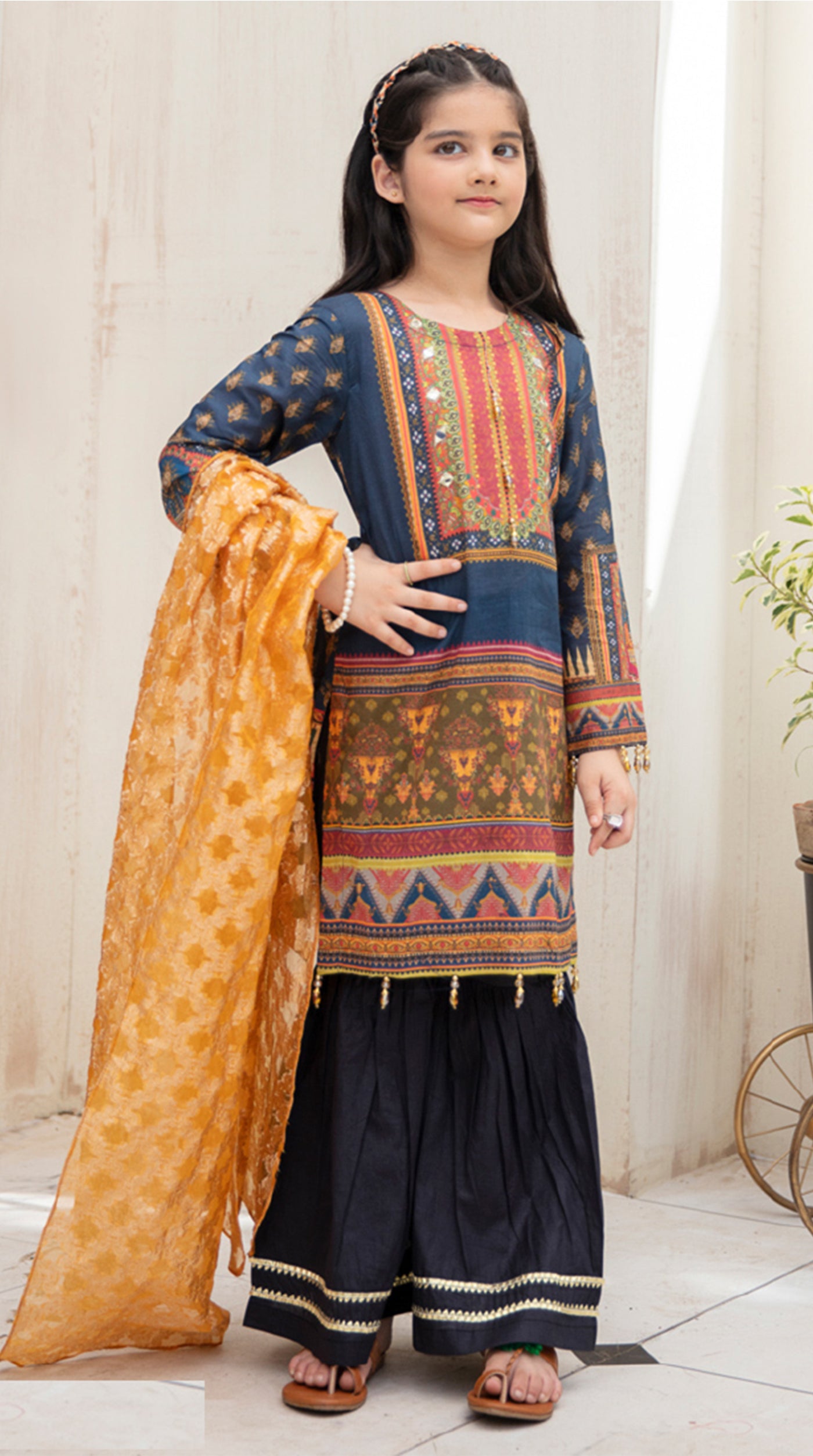 Kid's  Airjet Lawn Jacquard Dupatta Gharara Suit Set