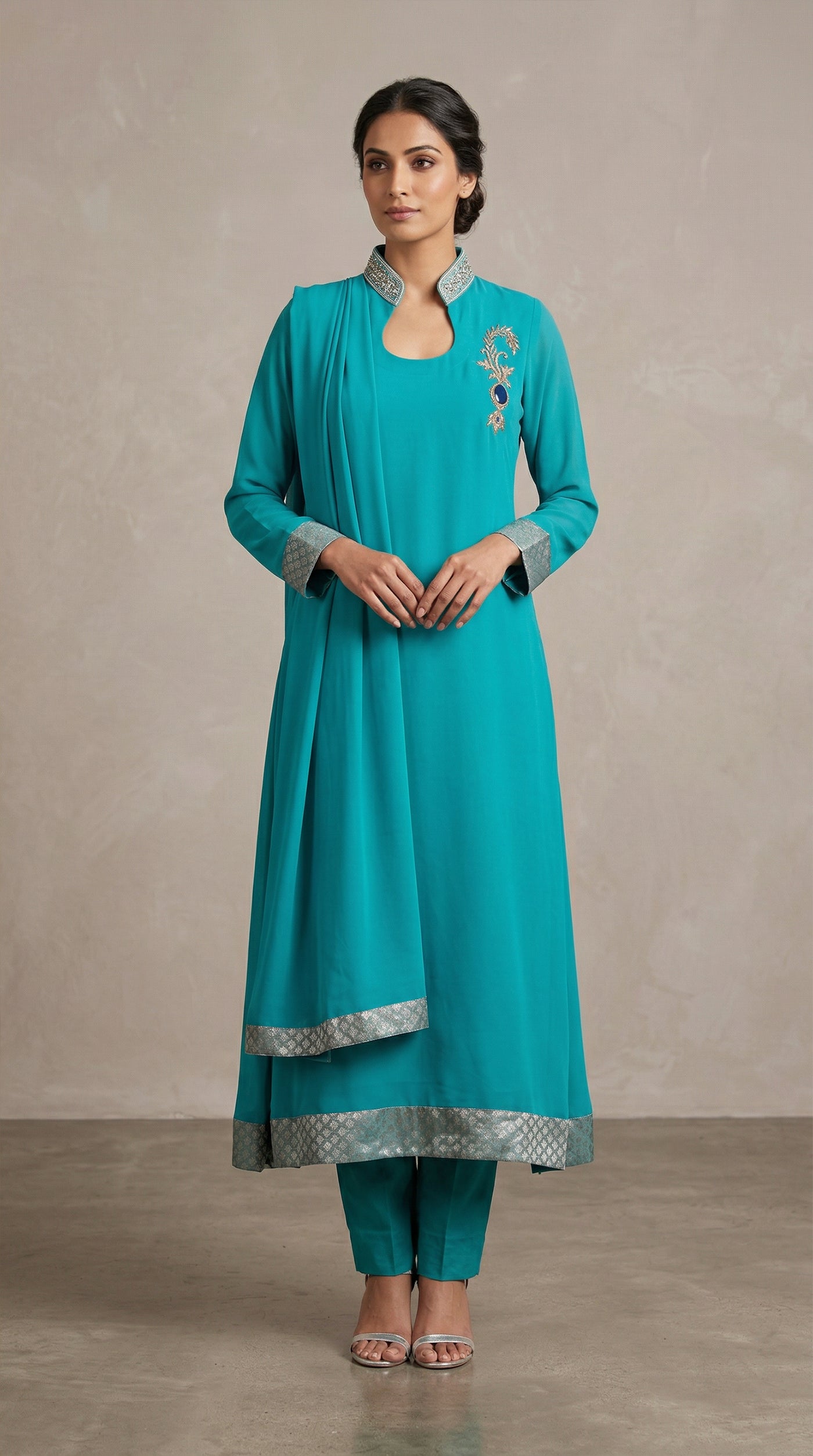 Blue A-Line Georgette Ladies Suit Set