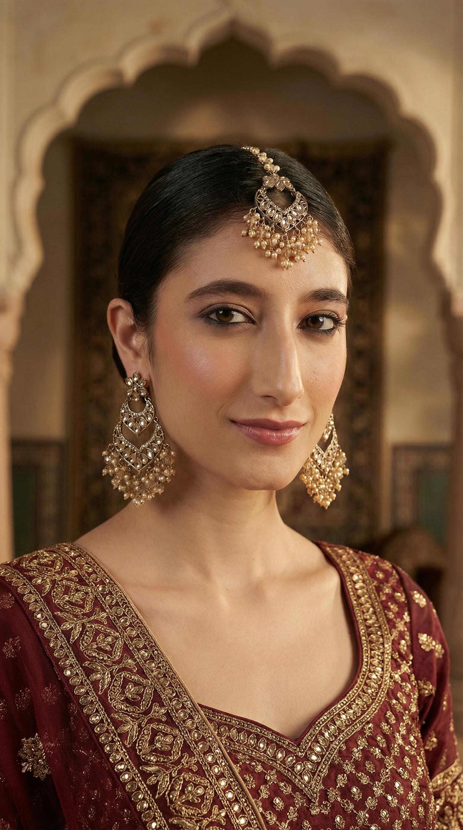 Womens Gold Latkan Style Earrings & Tikka Set